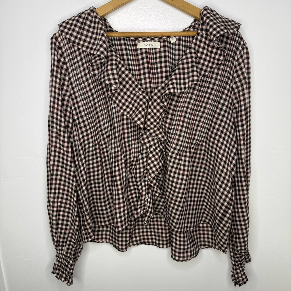 DOEN Hardy Ruffle Long Sleeve Top in Delphine Plaid - Picture 3 of 6
